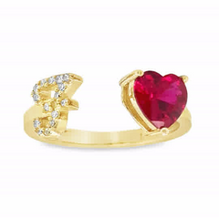 10KT Gold Adjustable Red Heart Initial Ring Letter F