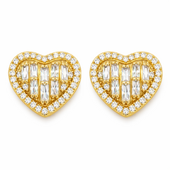 10KT Yellow Gold 15MM Heart Earrings with Baguettes