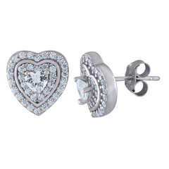 925 Sterling Silver Womens Heart Round Cubic-Zirconia Heart Stud Earri