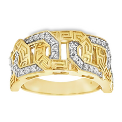 10K YELLOW GOLD MEN'S RING 0.50CT ROUND DIAMOND WITH GREEK PATTERN CUBAN RING
