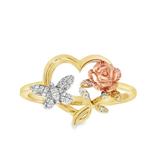 10KT Tricolor Heart Ring with Butterfly and Rose 0.08CT Diamond Ring