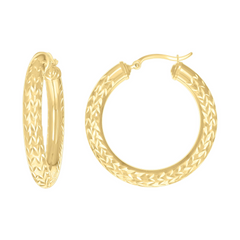 10kt Yellow Gold Womens Diamond-cut Round Tube Patterned Hoop Earrings