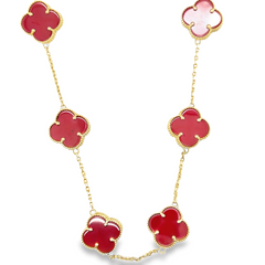 10KT Gold Necklae with 11 Carnelian Flowers Double Sided with Diamond Cut Back 18Inches Carnelian is considered a lucky stone, capable of boosting self-esteem, creativity, motivation, love, passion, and courage.