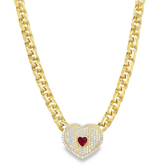 10KT Gold 6MM Chino Link Monaco Heart with Red CZ Chain 18 Inches. Mad