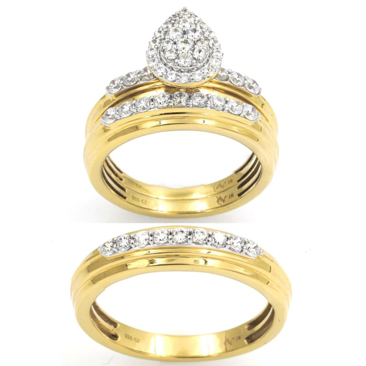 10K YELLOW GOLD TEARDROP PEAR WEDDING TRIOS SET 1.00CT DIAMOND