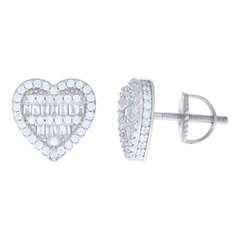 925 Sterling Silver Baguette Round Cubic-Zirconia Heart Stud Earrings