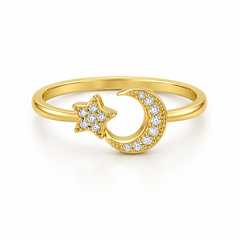 10KT Gold Crescent Moon & Star Ring