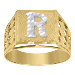 10kt Two-Tone Gold Mens Diamond-Cut Textured Initial Letter R Band Rin