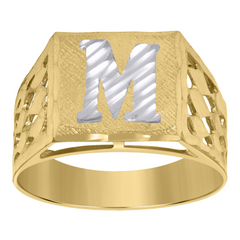10kt Two-Tone Gold Mens Diamond-Cut Textured Initial Letter M Band Rin