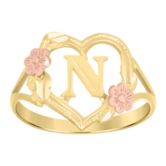 10Kt Two-Tone Gold Womens Dc Textured Initial Letter N Heart Band Ring