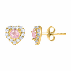 10kt Yellow Gold Womens Pink White Cubic-Zirconia Heart Stud Earrings