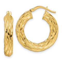 10ky Polished Woven Texture 4.75mm Round Hoop Earrings 1 Inch