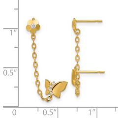 14k Double Post with Chain Butterfly and Flower Earring (Single)