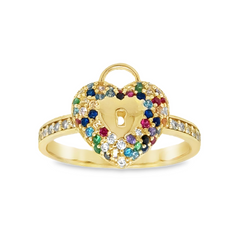 10KT Yellow Gold Lock Ring with Multicolor Stones
