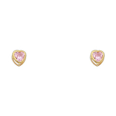 10KT Gold 4MM Pink Heart Bezel CZ Earrings with Screwbacks