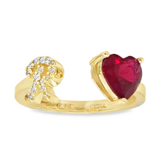 10KT Gold Adjustable Red Heart Initial Ring Letter R