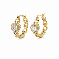 10KT Gold Chino Hoop Earrings with White Heart Stone 20MM