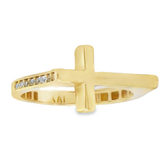 10KT Gold Sideway Cross Ring with Stones on Sides