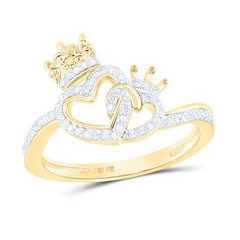 10k Yellow Gold Round Diamond King Queen Heart Ring 1/6 Cttw