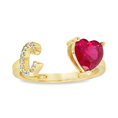 10KT Gold Adjustable Red Heart Initial Ring Letter C