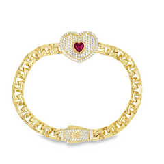 10KT Gold 6MM Chino Link Monaco Heart with Red CZ Bracelet 7 Inches. M