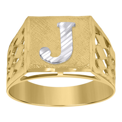10kt Two-Tone Gold Mens Diamond-Cut Textured Initial Letter J Band Rin
