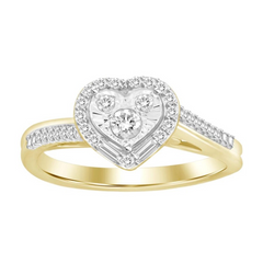 LADIES HEART RING 0.25CT ROUND/BAGUETTE DIAMOND 10K YELLOW GOLD