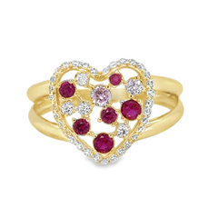 10KT Gold Heart Ring with Red and Pink Stones