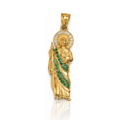 10KT Gold St. Jude San Judas Pendant 1.5IN Plus Bail with Green Stones