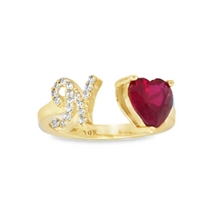 10KT Gold Adjustable Red Heart Initial Ring Letter N