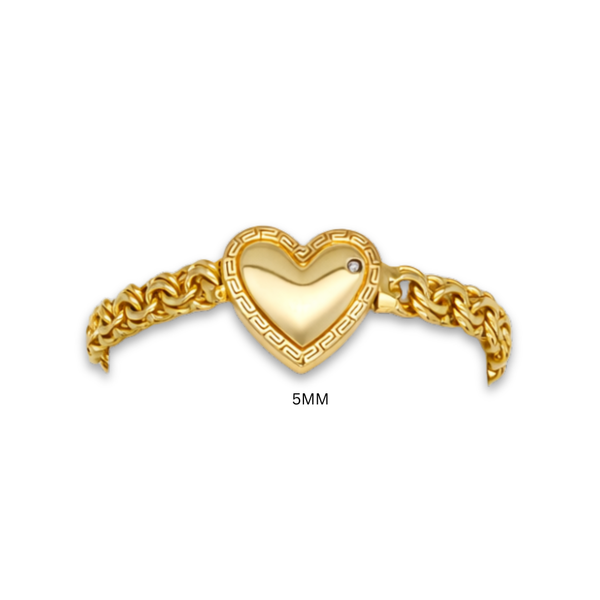 10KT Gold 5MM Solid Chino Link Heart Bracelet with Greek Border 7