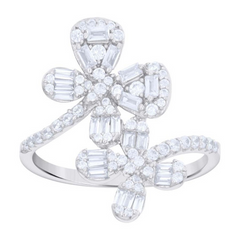925 Sterling Silver Womens Baguette Round Cubic-Zirconia Flower Fashion Ring Size 8