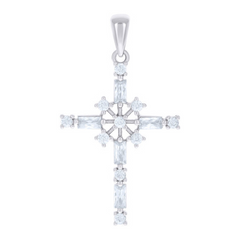 925 Sterling Silver Unisex Baguette Round Cubic-Zirconia Cross Religious Charm Pendant