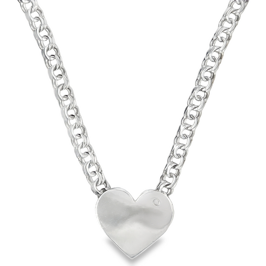 Sterling Silver 7MM Chino Link Big Heart Chain 20 Inches FREE LETTER E