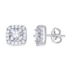 925 Sterling Silver Princess-Cut Round Cubic-Zirconia Square Stud Earr