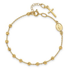 14k Polished Cross and Miraculous Medal with Diamond-cut Beads 6 inch
