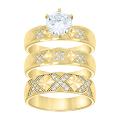 10kt Yellow-Color Gold Wedding Cubic-Zirconia Trio Ring His and Hers S