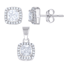 925 Sterling Silver Womens Cushion-Cut Round Cubic-Zirconia Halo Squar