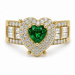 10KT Gold Heart Ring with Baguettes Green Stone