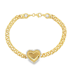 10KT Gold 5MM Chino Link Monaco Heart Bracelet with CZ Border 7.5 Inch