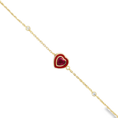10KT Yellow Gold Red Enamel Heart Bracelet