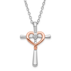 Sterling Silver with 10KT Rose Accent Diamond Heart Cross Necklace