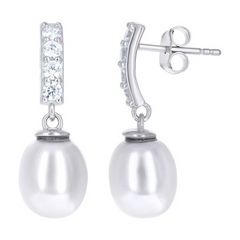 925 Sterling Silver Womens Cubic-Zirconia Pearl Drop Fashion Danglers