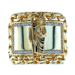 10KT Gold San Judas Chino Link Ring with CZ Free Engraving