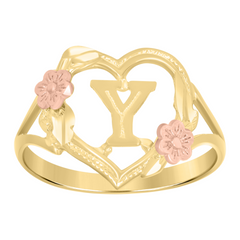 10Kt Two-Tone Gold Womens Dc Textured Initial Letter Y Heart Band Ring