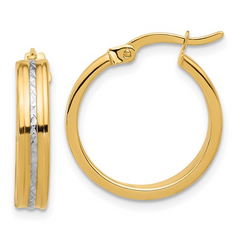 10KT Gold with White Gold Design Polished and Diamond Cut Hoop Earring
