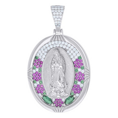 925 Sterling Silver Womens Red/Green White Cubic-Zirconia Virgin of Guadalupe Religious Charm Pendant