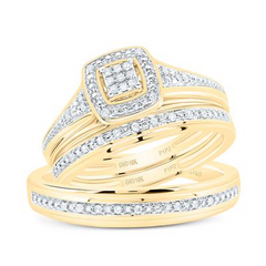10k Yellow Gold Round Diamond Cluster Matching Wedding Ring Set 1/10 C
