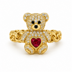 10KT Gold Chino Teddy Bear Ring with Red Heart Stone