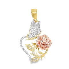 10KT GOLD 0.13CT DIAMOND HEART PENDANT WITH BUTTERFLY AND ROSE